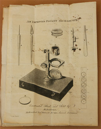 Instruction booklet included with the Bancks Pocket microscope. Drawing