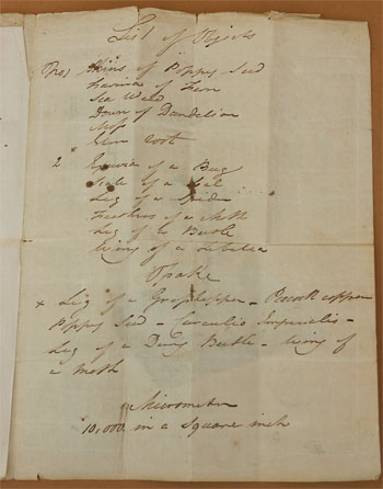  Hand-written list of samples that may have been included with the microscope. 